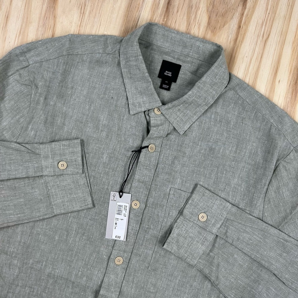 River Island NEW Men Linen Blend Elevated Basic Casual Button Down Green Medium